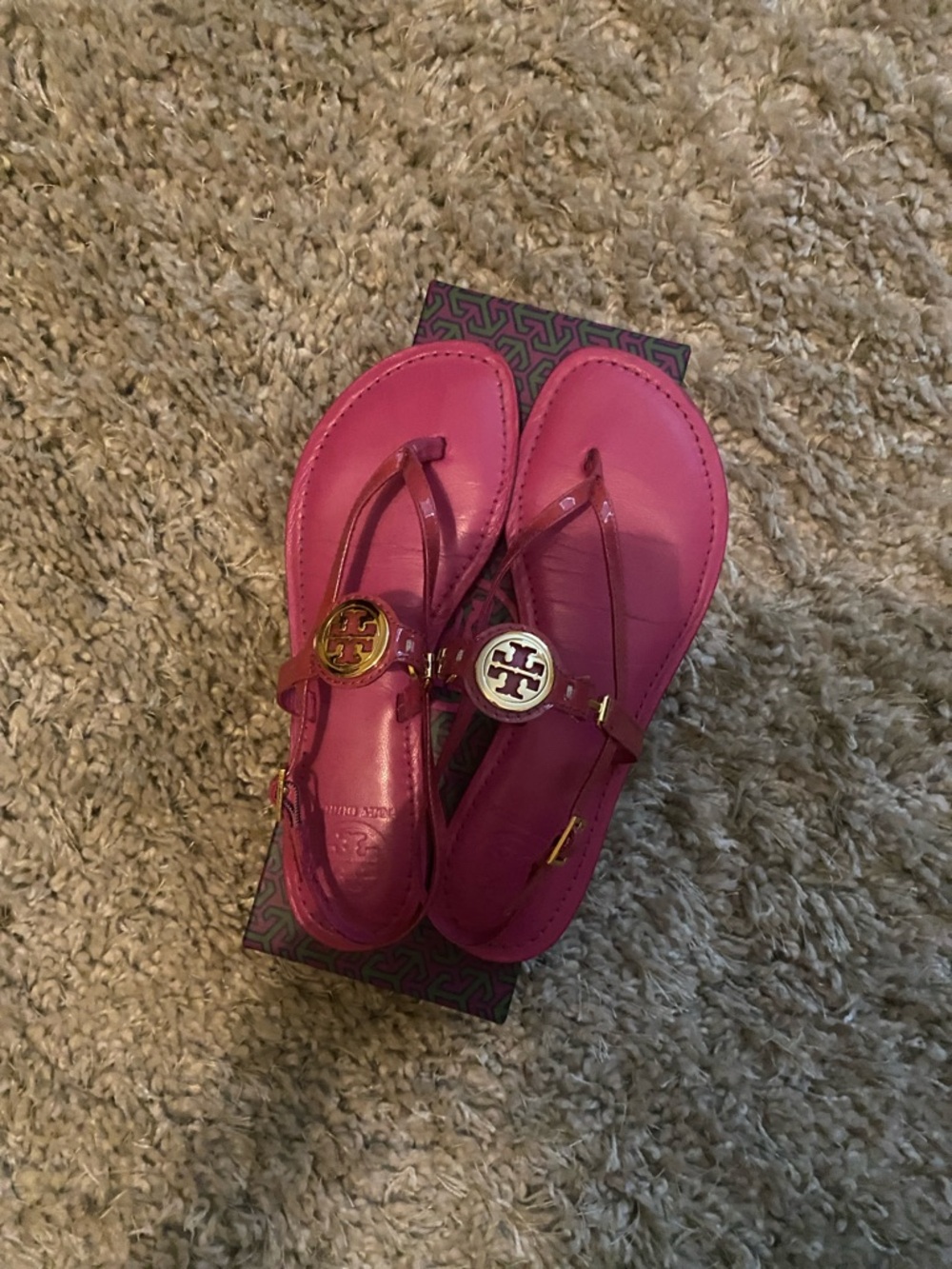 Tory Burch Hot Pink Miller Logo Slingback Sandals with Gold Medallions - Picture 4 of 9
